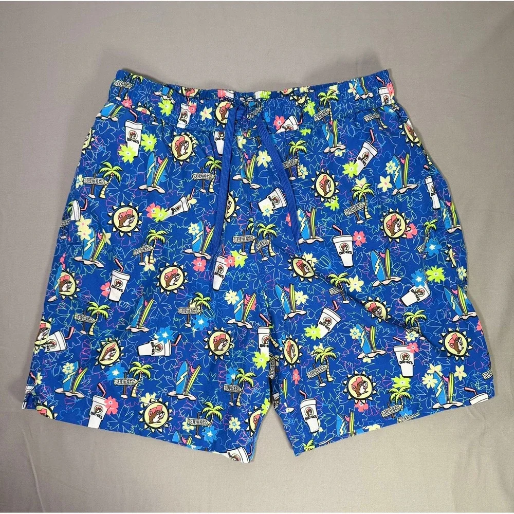 Buc-ee's Mens Swim Trunks Blue Tropical Beaver Print Mesh Lined Shorts Small